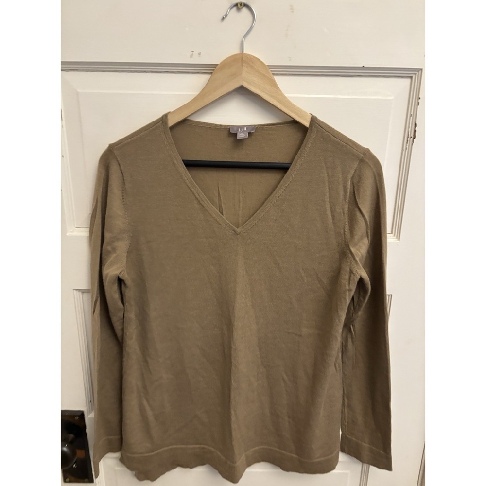J. Jill Tan V-Neck Washable Merino Wool Sweater Long Sleeve Size Large Petite